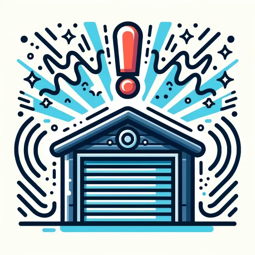 Vector illustration of a noisy garage door with a large exclamation mark above it, surrounded by sound waves, indicating a noisy operation.